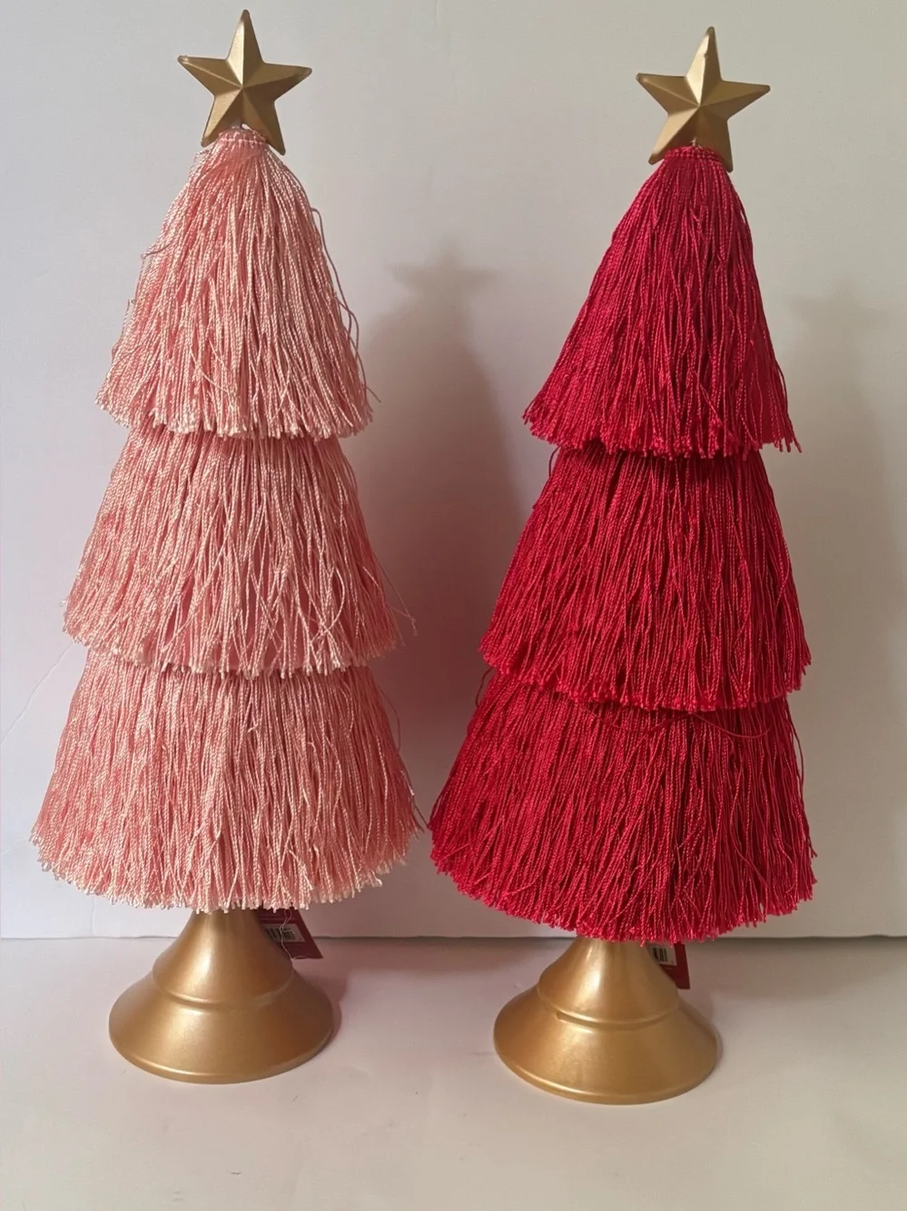 Tabletop fringe Christmas trees NEW NWT 2 total decor pink red 16”H